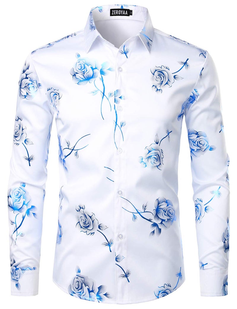ZEROYAA Mens Hipster 3D Rose Deign Slim Fit Long Sleeve Button Up Dress Shirts ZZCL22 White Royal Blue Medium - Image 1